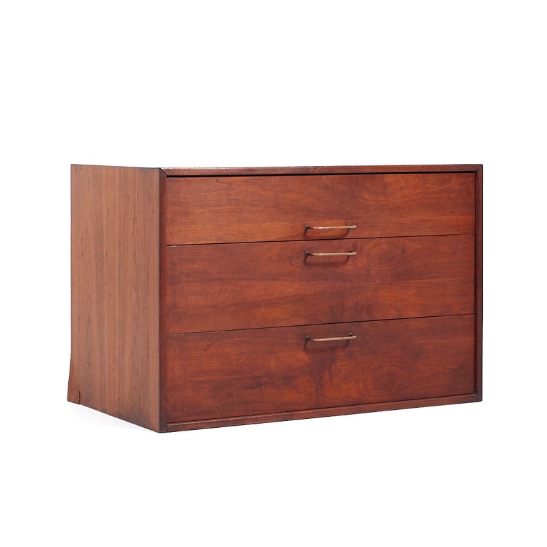 Jens Risom Mid Century Walnut and Brass Wall Mounted Cabinet Chest of Drawers mcm image 1