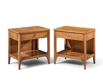 Broyhill Brasilia Mid Century Walnut and Brass Nightstands - Pair - mcm