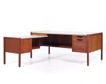 Jens Risom Mid Century Walnut and Leather Top Corner Desk - mcm