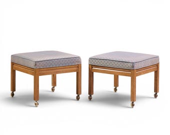 Founders Style Mid Century Oak Rolling Upholstered Stools - Pair - mcm