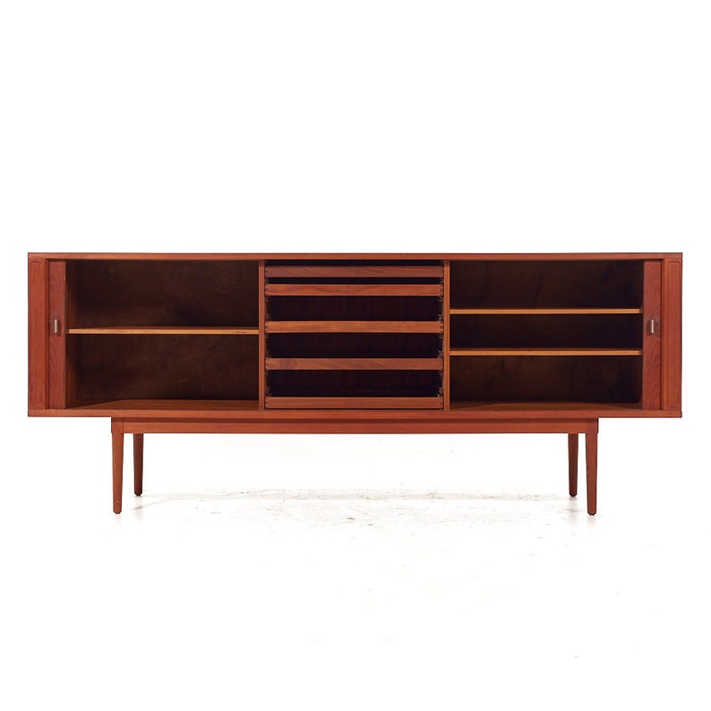 Svend Aage Larsen Mid Century Teak Tambour Door Credenza with Hutch mcm image 6