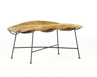 Arthur Umanoff Mid Century Iron and Rattan Catchall Table Stool - mcm