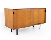 Florence Knoll Mid Century Walnut Sliding Door Credenza - mcm