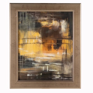 May include: Abstract painting in a gold frame with brushstrokes of yellow, orange, brown, and white. The painting has a textured surface and is signed in the bottom right corner.