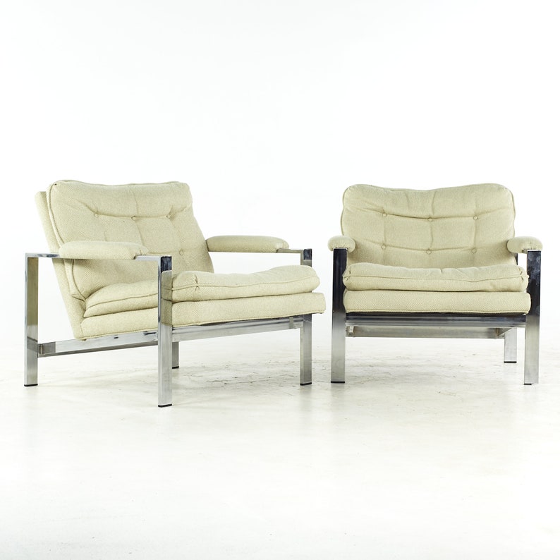 Milo Baughman Style Mid Century Italian Flatbar Lounge Chairs Pair mcm image 2