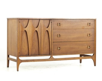 Broyhill Brasilia Mid Century Walnut and Brass Offset Buffet - mcm