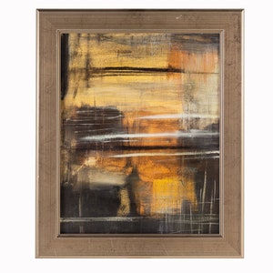 May include: Abstract painting in a gold frame with shades of brown, orange, and yellow. The painting has a textured look and is framed in a gold frame.