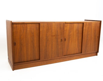 Mid Century Danish Walnut Floating Sliding Door Credenza - mcm