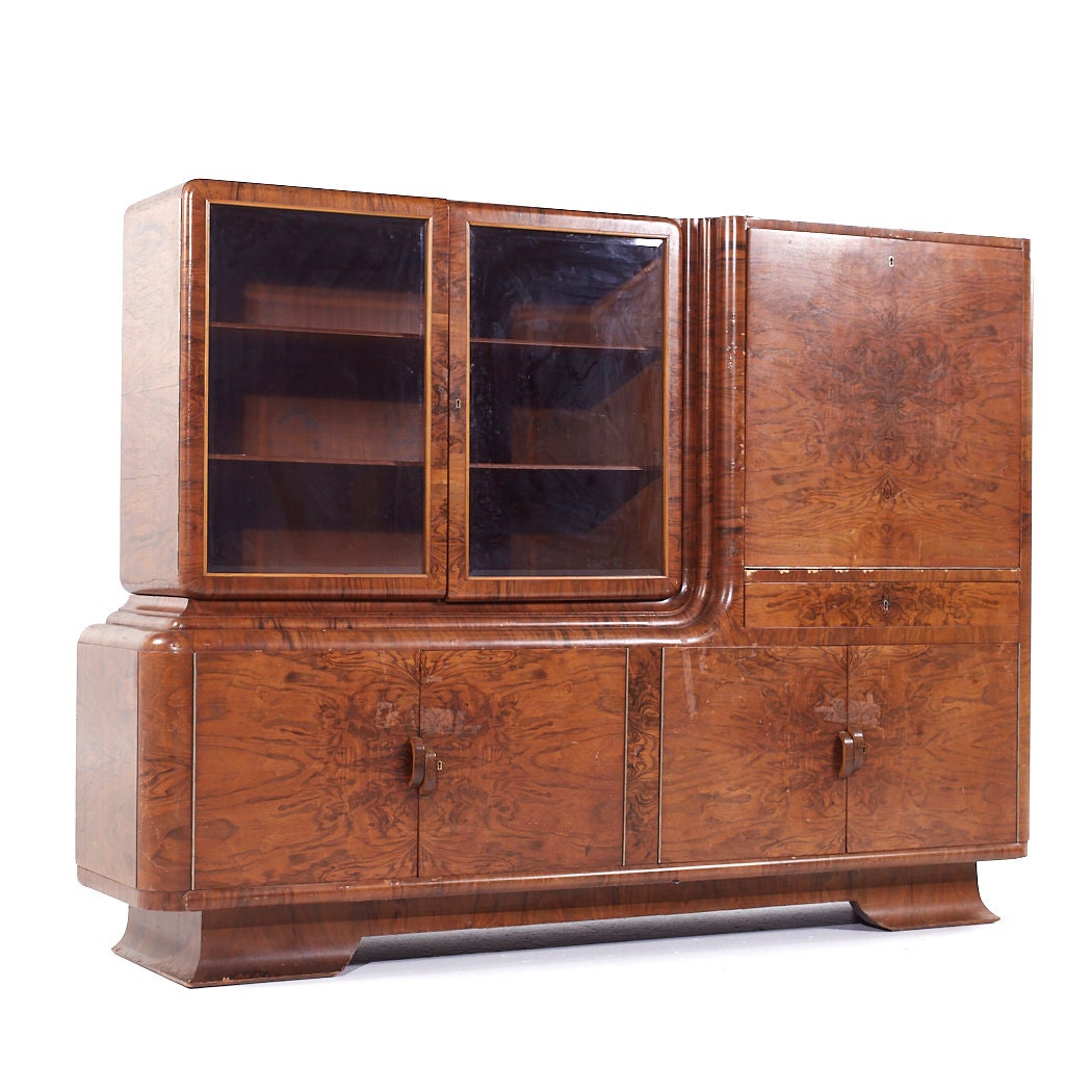 Art Deco Walnut Burlwood Credenza Hutch - mcm