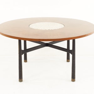 Harvey Probber Mid Century Round Ebonized Walnut Terrazzo and Brass Dining Table mcm image 2