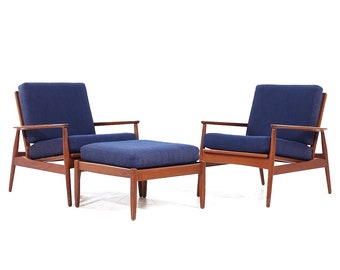 Arne Vodder Style Mid Century Danish Teak Lounge Chairs and Ottoman - Pair - mcm