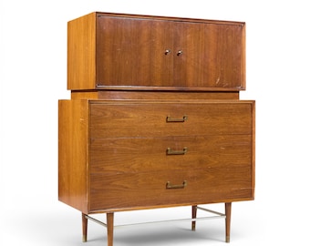 Paul McCobb Style Furnette Mid Century Walnut and Brass Highboy Dresser - mcm