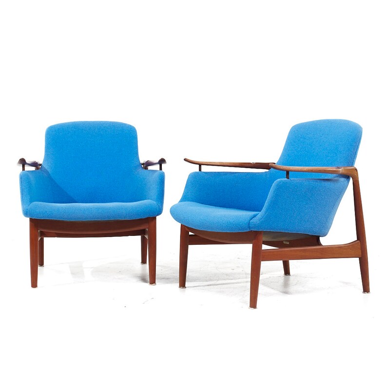 Finn Juhl for Niels Vodder NV-53 Mid Century Blue Chairs Pair mcm image 3