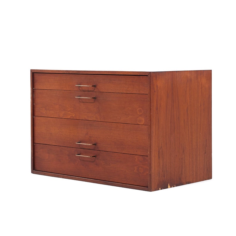Jens Risom Mid Century Walnut and Brass Wall Mounted Cabinet Chest of Drawers mcm image 3