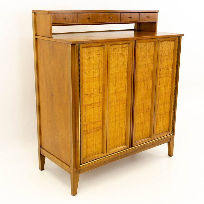 Paul Mccobb Style Mid Century Caned And Walnut Highboy Dresser Etsy
