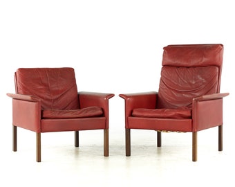 Hans Olsen Mid Century Danish Rosewood and Red Leather Chairs - Pair - mcm