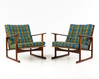 Kofod Larsen for Selig Mid Century Sleigh Leg Low Back Lounge Chairs - Pair - mcm