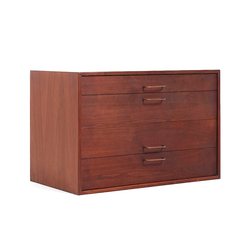 Jens Risom Mid Century Walnut and Brass Wall Mounted Cabinet Chest of Drawers mcm image 1