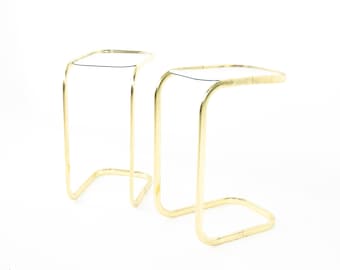 Milo Baughman Style Brass and Glass Cantilever Side End Tables - A Pair - mcm