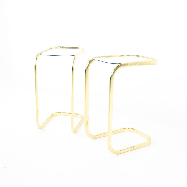 Milo Baughman Style Brass and Glass Cantilever Side End Tables - A Pair - mcm