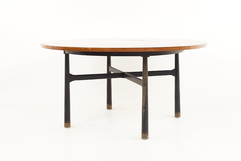 Harvey Probber Mid Century Round Ebonized Walnut Terrazzo and Brass Dining Table mcm image 4