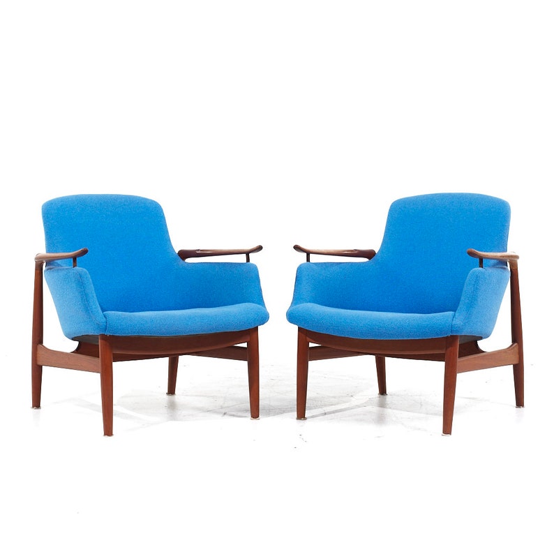 Finn Juhl for Niels Vodder NV-53 Mid Century Blue Chairs Pair mcm image 1