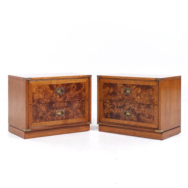 Hickory Manufacturing Company Mid Century Burlwood and Brass Nightstands - Pair - mcm