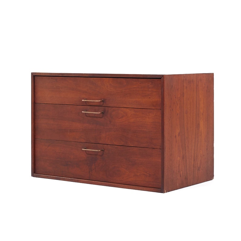 Jens Risom Mid Century Walnut and Brass Wall Mounted Cabinet Chest of Drawers mcm image 3