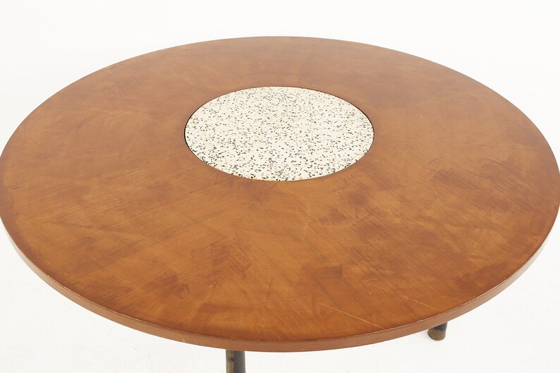 Harvey Probber Mid Century Round Ebonized Walnut Terrazzo and Brass Dining Table mcm image 8