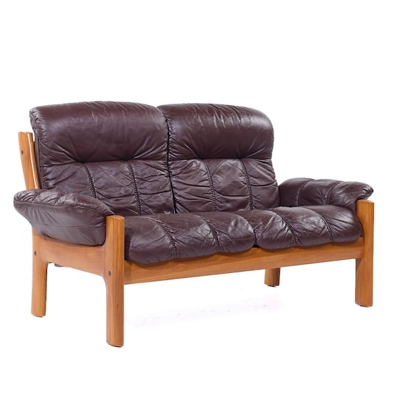 Ekornes Mid Century Danish Teak Leather Loveseat - mcm