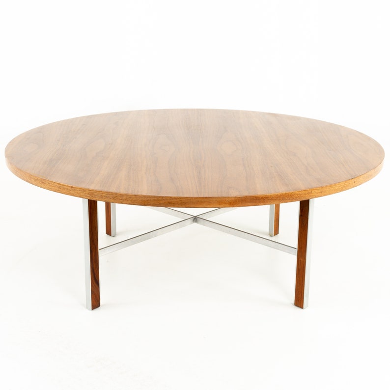 Paul McCobb for Calvin Linear Group Mid Century Round Walnut and Stainless Coffee Table mcm image 1