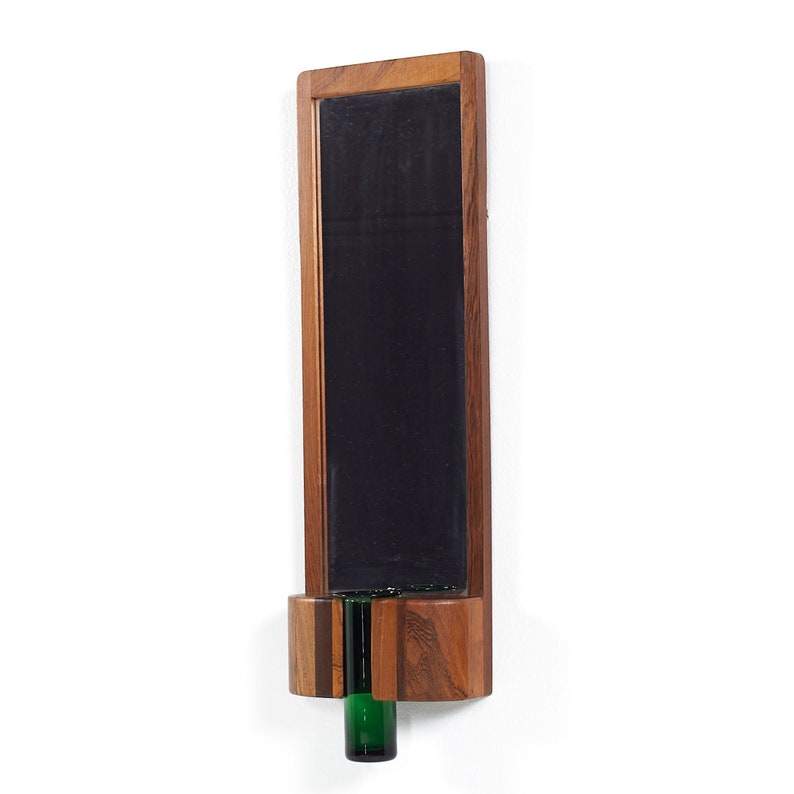 Jacob Hermann for Randers Møbelfabrik Mid Century Danish Rosewood Wall Mirror with Green Glass Vase mcm image 3