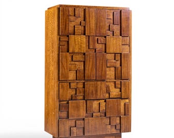 Lane Staccato Brutalist Mid Century Walnut Armoire Dresser - mcm