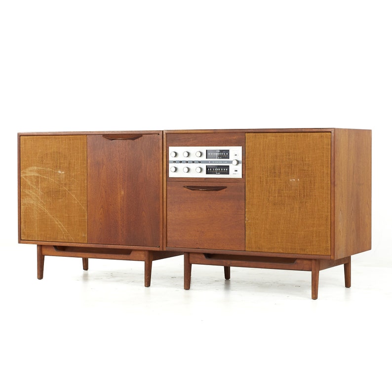 Jens Risom Mid Century Walnut 2-Piece Stereo Console mcm image 3