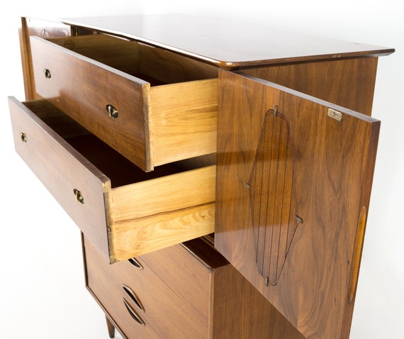 Kent Coffey Greenbrier Mid Century Walnut 5 Drawer Highboy Dresser