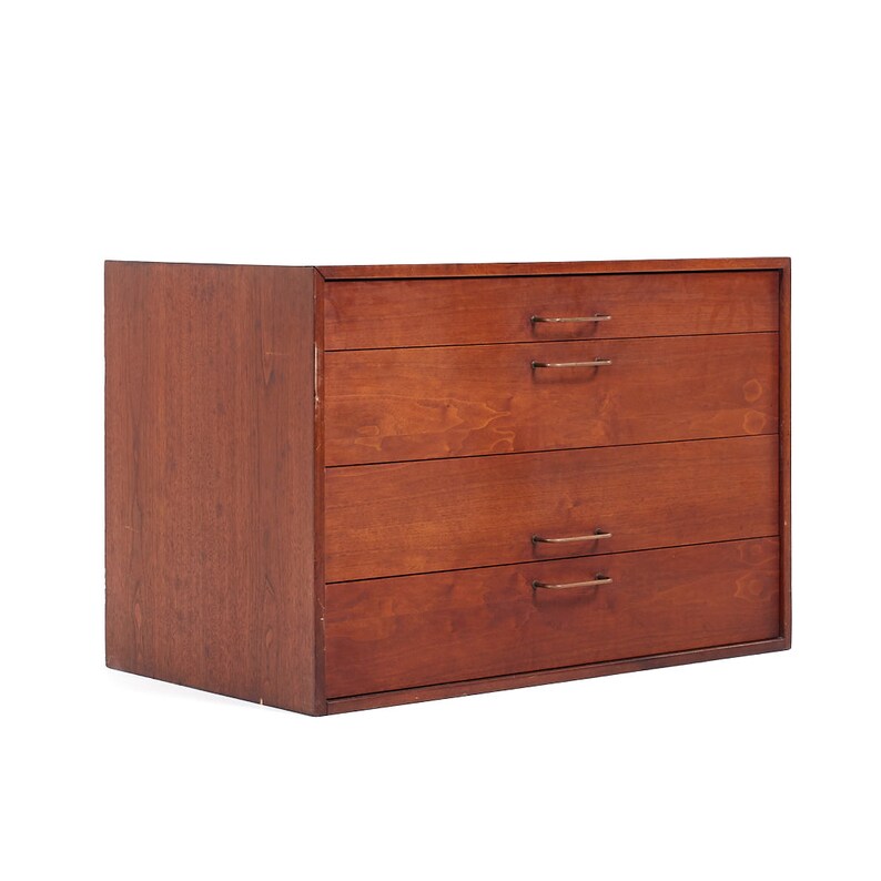Jens Risom Mid Century Walnut and Brass Wall Mounted Cabinet Chest of Drawers mcm image 1