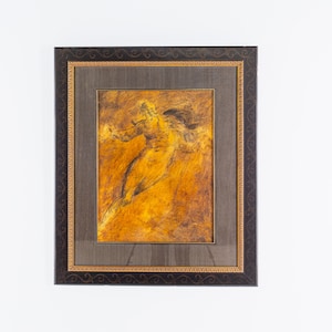 May include: A framed abstract painting with a gold and brown color scheme. The painting depicts a figure in a swirling, abstract style.