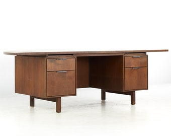 Jens Risom Style Mid Century Half Circle Walnut Executive Desk - mcm