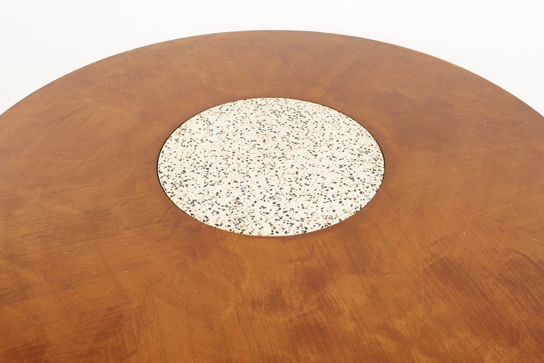 Harvey Probber Mid Century Round Ebonized Walnut Terrazzo and Brass Dining Table mcm image 9