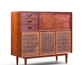 Jack Cartwright for Founders Mid Century Walnut and Cane Bar Cabinet - mcm