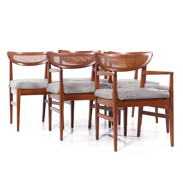 American of Martinsville Mid Century Walnut and Cane Back Dining Chairs - Set of 6 - mcm