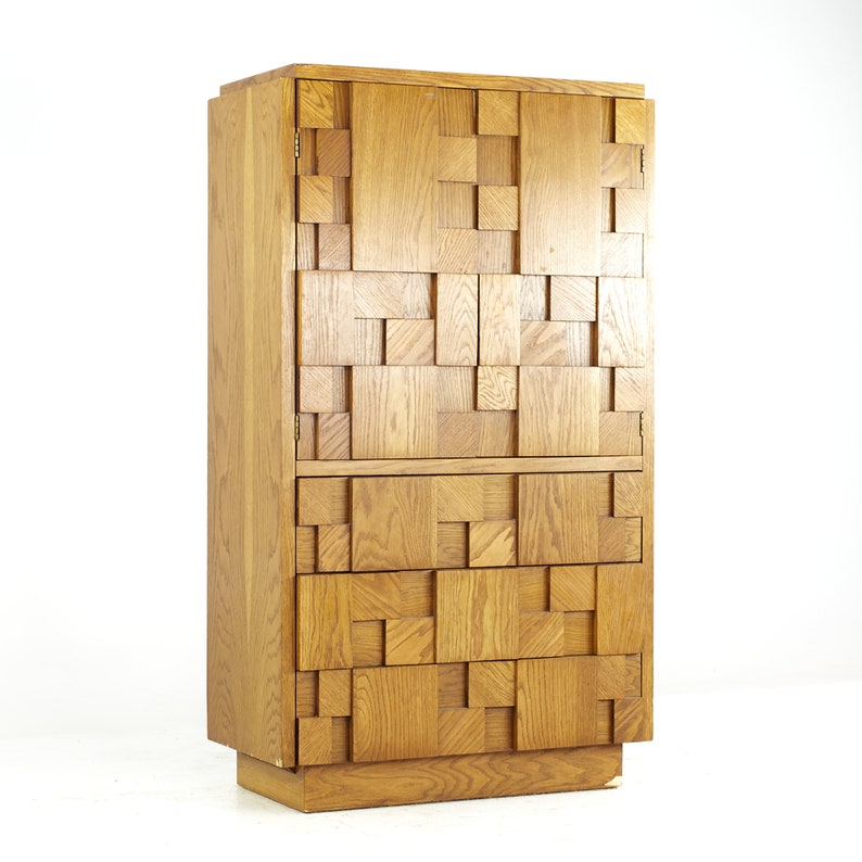 Lane Staccato Brutalist Mid Century Oak Armoire mcm image 1