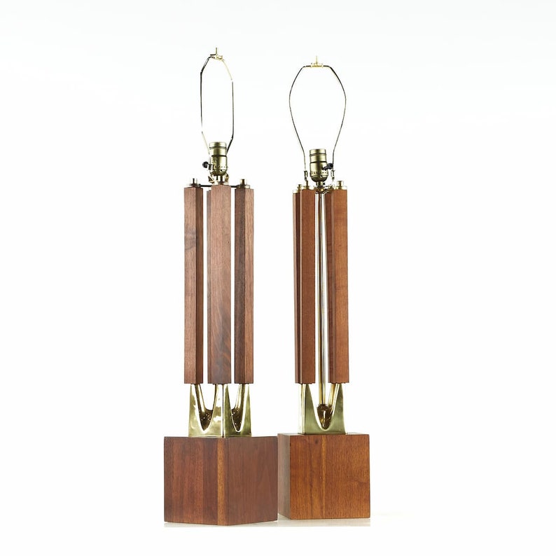 Laurel Mid Century Brass and Walnut Table Lamps Pair mcm image 1