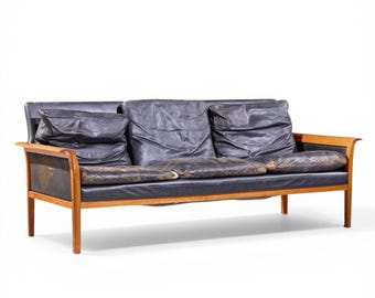 Knut Sæter for Vatne Møbler Mid Century Norwegian Teak and Leather Loveseat Sofa - mcm