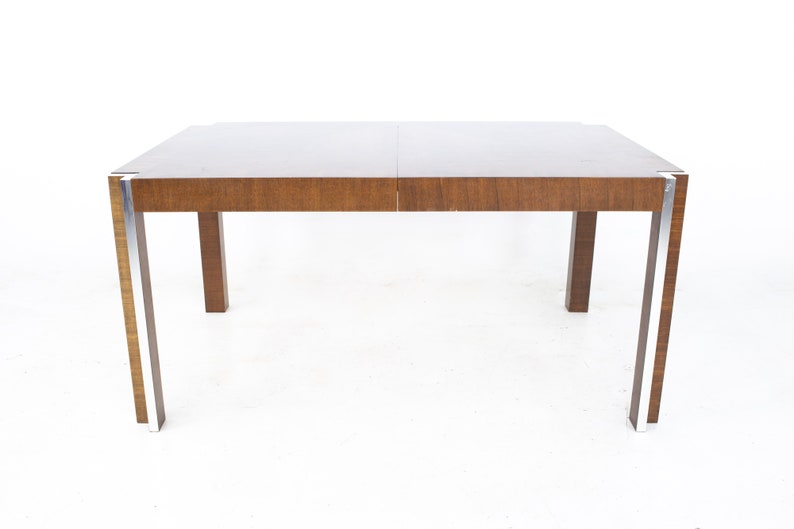 Thomasville Mid Century Walnut and Chrome Inlaid Expanding Dining Table mcm image 2