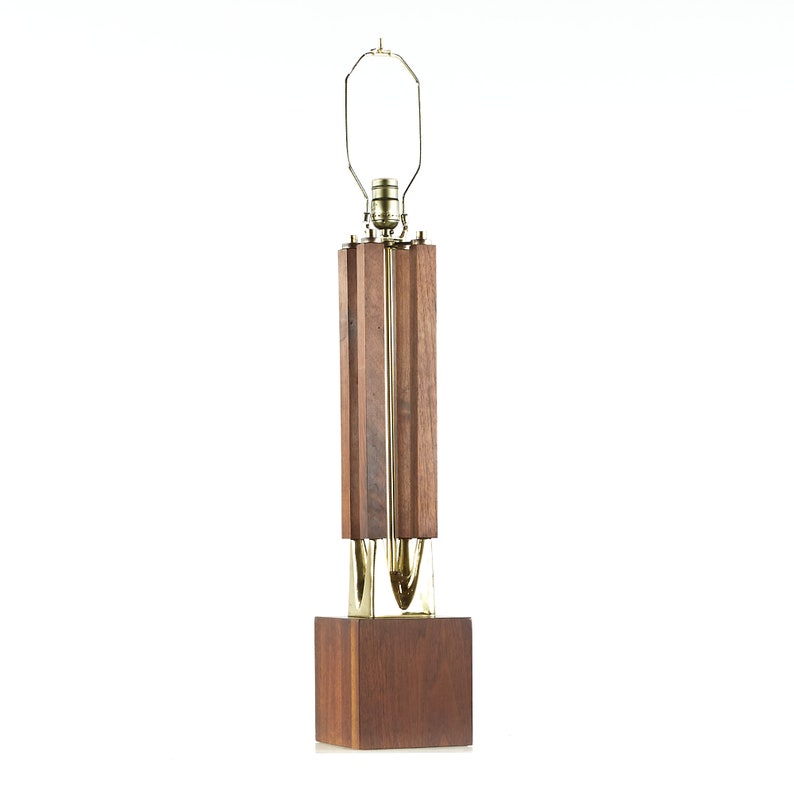 Laurel Mid Century Brass and Walnut Table Lamps Pair mcm image 5