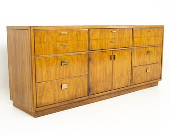 Drexel Heritage Consensus Mid Century Pecan and Brass 9 Drawer Lowboy Dresser - mcm