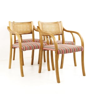 Thonet Style Mid Century Rattan and Bentwood Arm Chairs - Set of 4 - mcm
