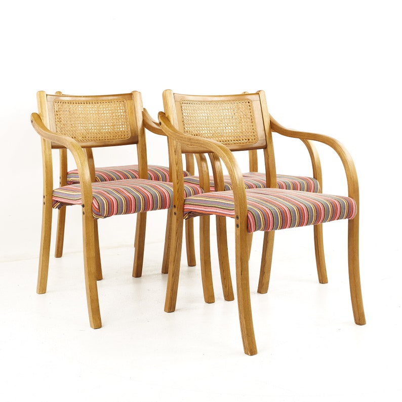 Thonet Style Mid Century Rattan and Bentwood Arm Chairs Set of 4 mcm image 1