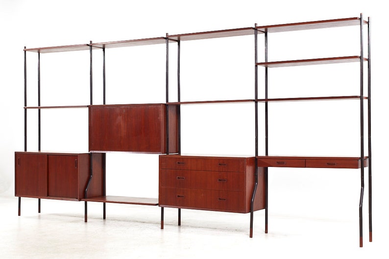 Lyby Mobler Mid Century Danish Teak and Steel 4-Bay Freestanding Wall Unit mcm image 3